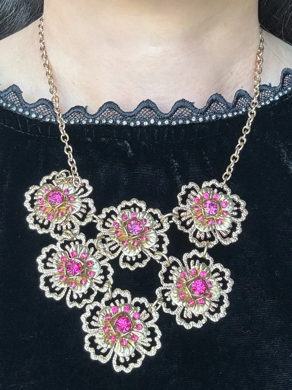 Vintage Gold Filigree Magenta Crystal Floral Statement Necklace Boho Glam